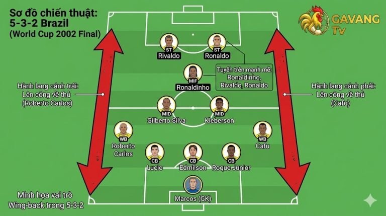 Sơ đồ chiến thuật 5-3-2 của tuyển Brazil tại World Cup 2002 với sự cơ động của hai hậu vệ biên Cafu và Roberto Carlos - Gavang TV.