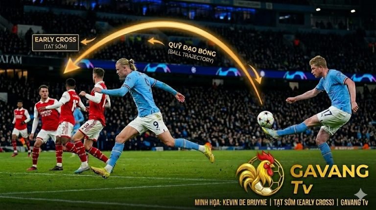Kevin De Bruyne thực hiện đường tạt bóng sớm (early cross) loại bỏ hàng thủ đối phương, minh họa cho chiến thuật tạt cánh đánh đầu hiện đại.
