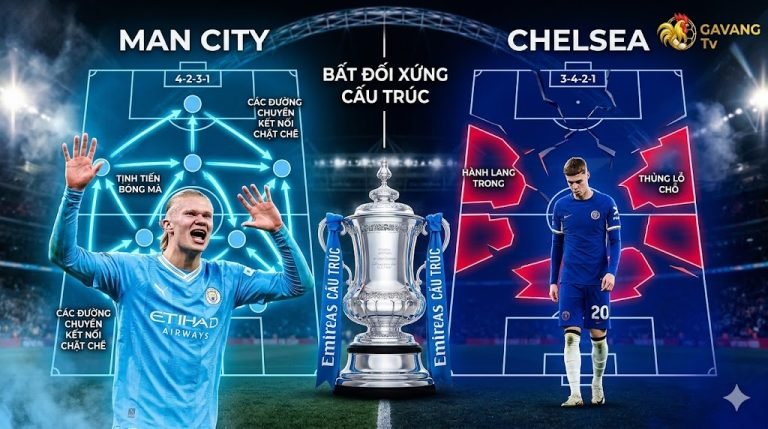 Đồ họa so sánh sơ đồ chiến thuật giữa Man City và Chelsea trong trận chung kết FA Cup. Bên trái, Erling Haaland ăn mừng với sơ đồ 4-2-3-1 đầy đủ và kết nối. Bên phải, Cole Palmer trông thất thần với sơ đồ 3-4-2-1 vỡ vụn của Chelsea, hiển thị các lỗ hổng phòng ngự ở hành lang trong. Chiếc cúp FA Cup ở giữa. Sân Wembley mờ ảo về đêm.