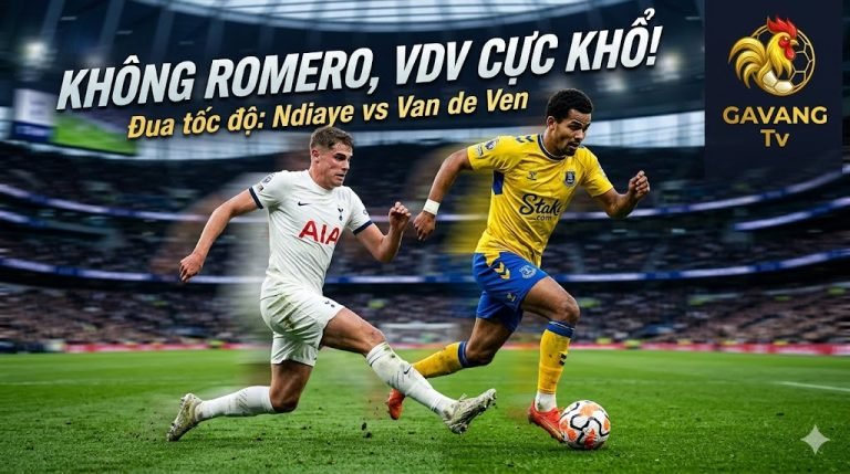 Trung vệ Micky van de Ven vất vả đua tốc độ với Iliman Ndiaye của Everton khi hàng thủ Tottenham lộ khoảng trống vì thiếu vắng Cristian Romero.