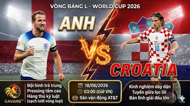 Ảnh bìa quảng bá trận đấu Anh vs Croatia tại Vòng bảng World Cup 2026 trên sân AT&T, thể hiện sự đối đầu của Harry Kane và Luka Modric.