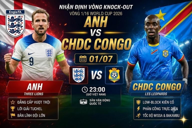 Ảnh nhận định trận đấu giữa đội tuyển Anh vs CHDC Congo tại vòng 1/16 World Cup 2026 với đồ họa 16:9.