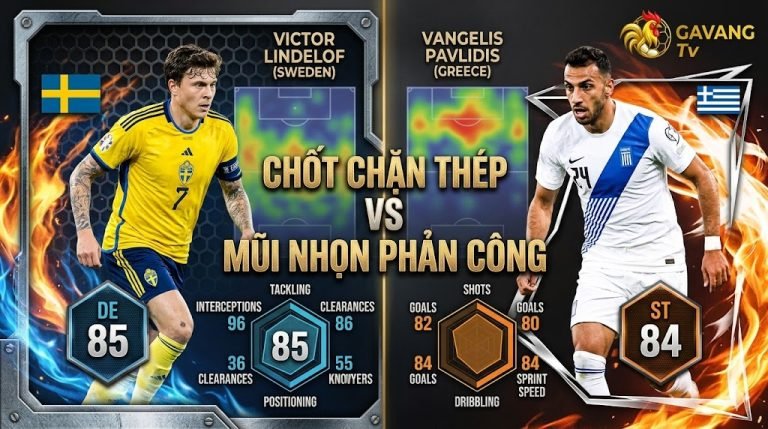 Điểm nóng chiến thuật Thụy Điển vs Hy Lạp: So sánh chỉ số đối đầu giữa trung vệ Victor Lindelof và tiền đạo Vangelis Pavlidis.