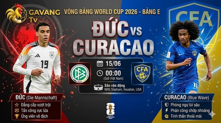 Đồ họa ảnh bìa trước trận đấu World Cup 2026 giữa Đức và Curacao, hiển thị Jamal Musiala và Tahith Chong trên nền chia đôi màu sắc quốc kỳ và logo Gavang TV ở góc.