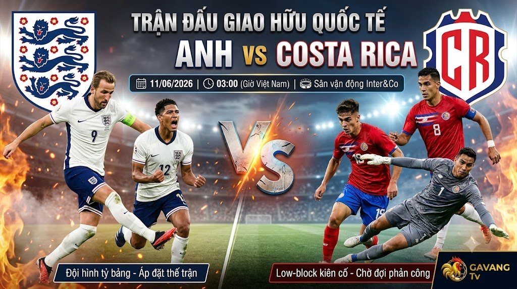 Ảnh bìa nhận định trận đấu Anh vs Costa Rica giao hữu quốc tế ngày 11/06/2026 cùng chuyên gia Gavang TV.