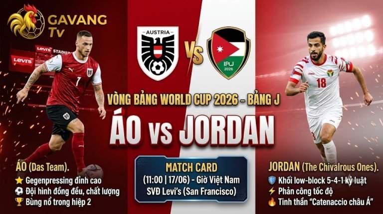 Ảnh bìa nhận định và dự đoán tỷ số trận đấu giữa đội tuyển Áo vs Jordan tại vòng bảng World Cup 2026 trên kênh Gavang TV.