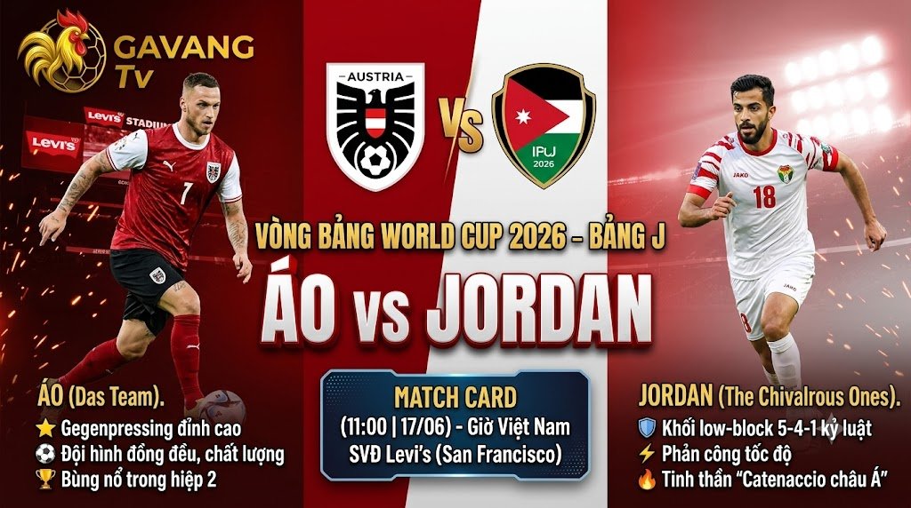 Ảnh bìa nhận định và dự đoán tỷ số trận đấu giữa đội tuyển Áo vs Jordan tại vòng bảng World Cup 2026 trên kênh Gavang TV.