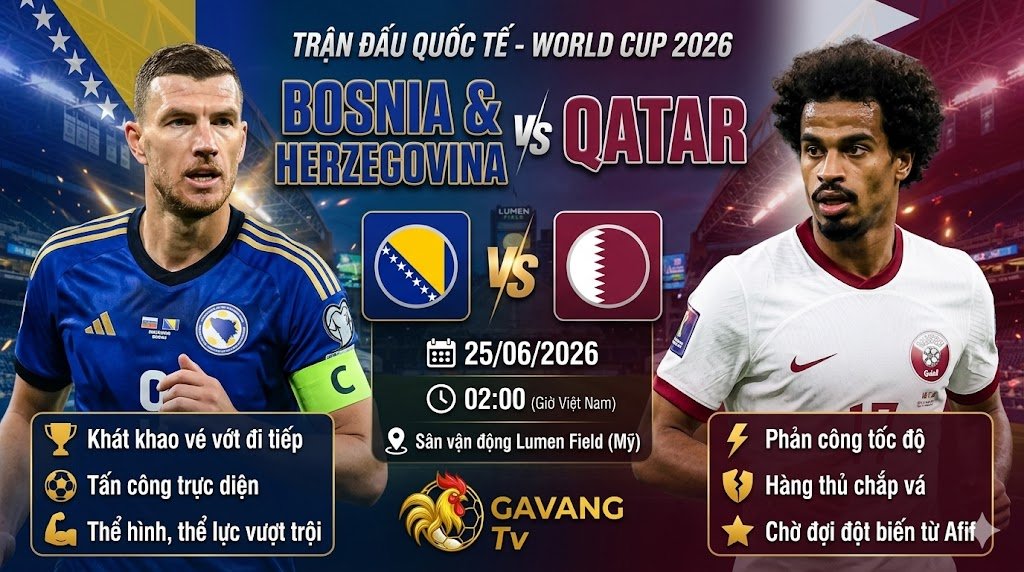 Nhận định trận đấu Bosnia vs Qatar vòng bảng World Cup 2026, hình ảnh đối đầu trực tiếp giữa Edin Dzeko và Akram Afif cập nhật mới nhất từ Gavang TV.