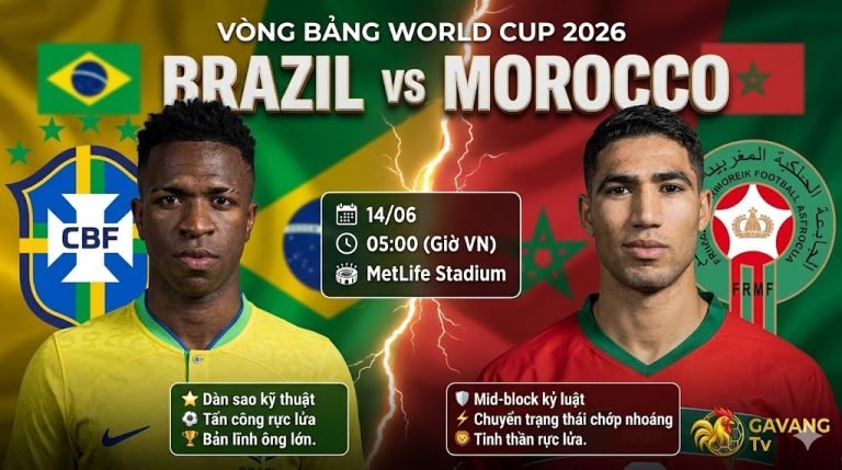 Nhận định bóng đá trận Brazil vs Morocco tại bảng C World Cup 2026. Hình ảnh đối đầu kịch tính giữa Vinicius Junior và Achraf Hakimi được cập nhật bởi Gavang TV.