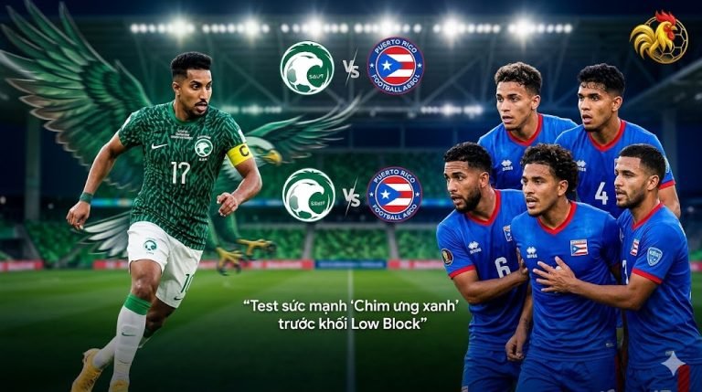 Hình ảnh đồ họa chênh lệch đẳng cấp giữa Salem Al Dawsari dẫn bóng mạnh mẽ với biểu tượng Chim ưng xanh và một nhóm cầu thủ Puerto Rico co cụm phòng ngự trên nền sân vận động Q2 Stadium Texas mờ ảo về đêm.