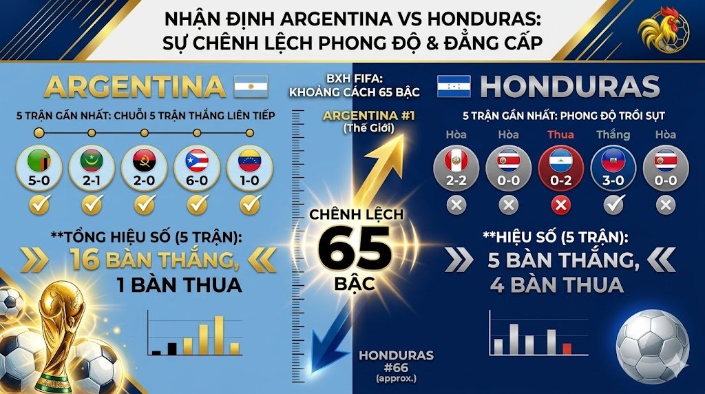 Đồ họa thống kê so sánh phong độ, thứ hạng FIFA và hiệu số bàn thắng giữa đội tuyển Argentina và Honduras.