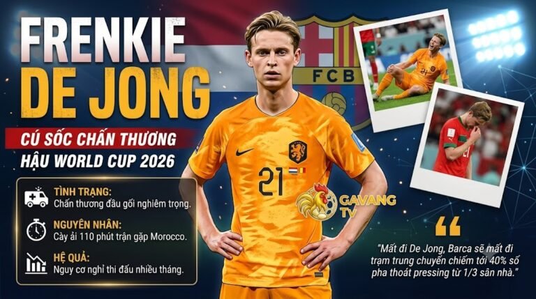 Mô tả hình ảnh đồ họa về Frenkie de Jong, tiền vệ đội tuyển Hà Lan, với thông tin chấn thương đầu gối nghiêm trọng sau World Cup 2026. Bao gồm các ảnh phụ De Jong bị thương và trích dẫn về tầm quan trọng của anh.