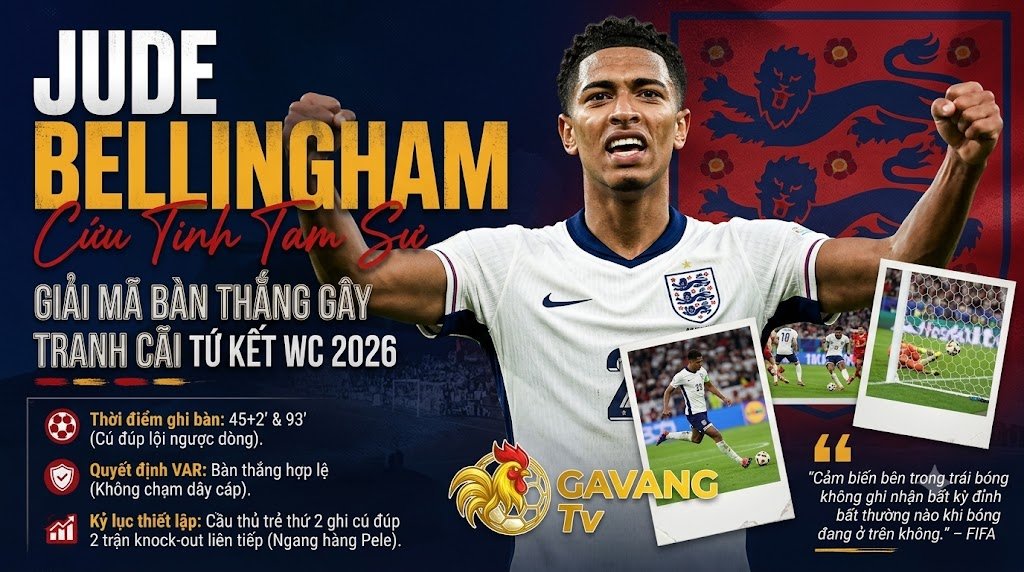 Jude Bellingham ăn mừng bàn thắng lịch sử cho tuyển Anh tại tứ kết World Cup 2026 và các thống kê kỷ lục. Hình ảnh độc quyền từ Gavang TV