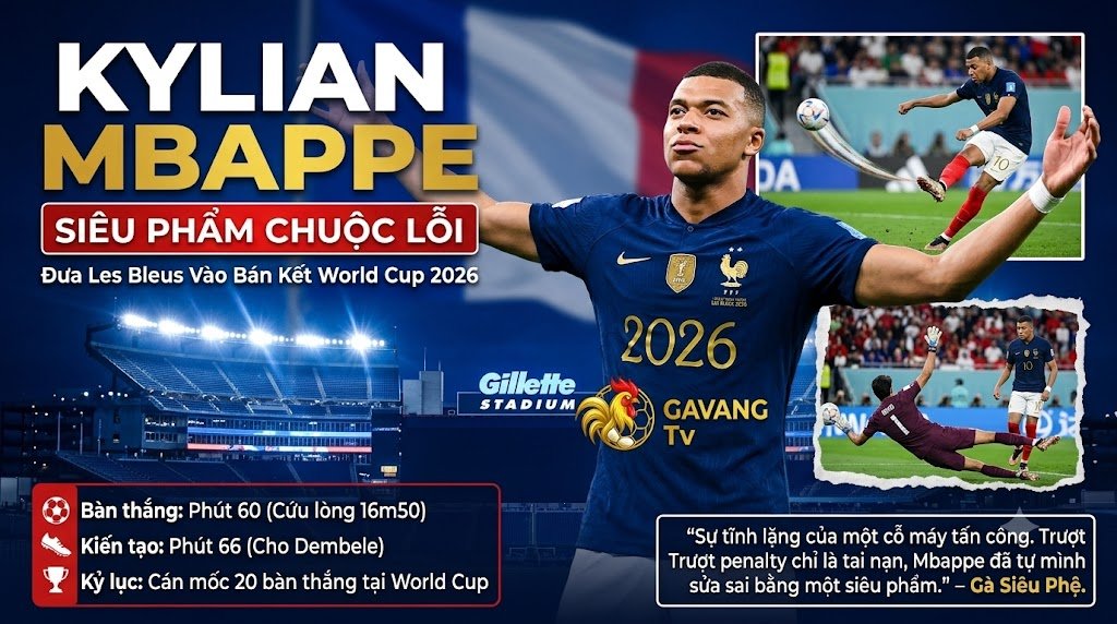 Kylian Mbappe ăn mừng siêu phẩm cứa lòng chuộc lỗi sau khi đá hỏng penalty, giúp ĐT Pháp đánh bại Maroc tại tứ kết World Cup 2026 - Điểm tin Gavang TV.