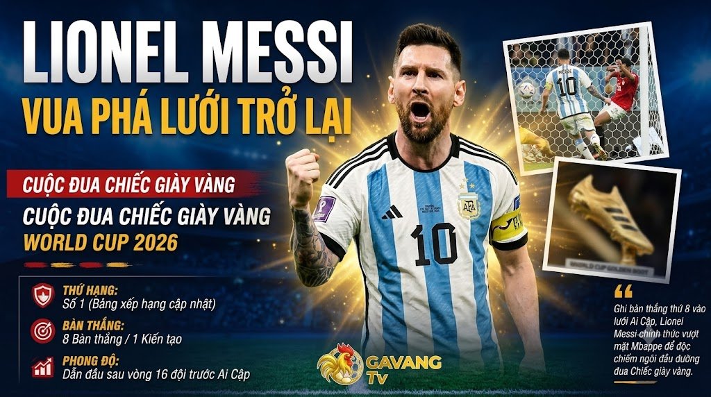 Huyền thoại Lionel Messi vươn lên dẫn đầu cuộc đua Chiếc giày vàng World Cup 2026 với 8 bàn thắng, cập nhật bảng xếp hạng từ Gavang TV.