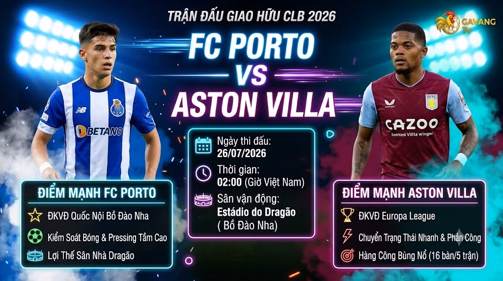 Nhận định trận đấu giao hữu FC Porto vs Aston Villa lúc 02h00 ngày 26/07 - Cập nhật trực tiếp trên Gavang TV