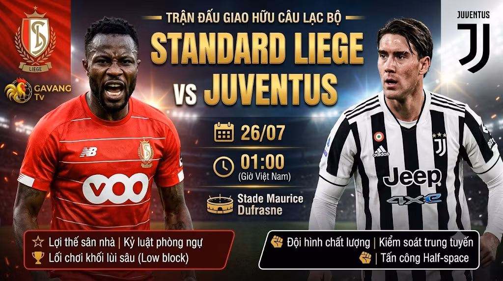 Nhận định và xem trực tiếp Standard Liege vs Juventus lúc 01:00 ngày 26/07 chất lượng cao trên Gavang TV.