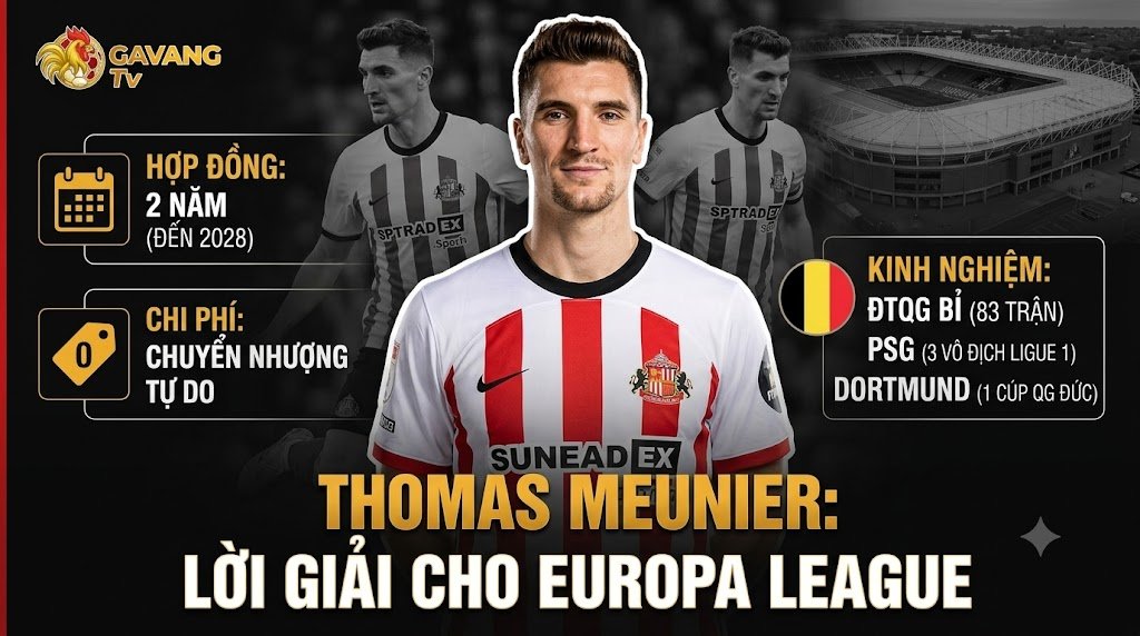Đồ họa thông báo Thomas Meunier chính thức gia nhập Sunderland dưới dạng chuyển nhượng tự do. Hình ảnh hiển thị các số liệu: 34 tuổi, ĐTQG Bỉ, bản hợp đồng 2 năm, và 81 lần ra sân cho Lille.