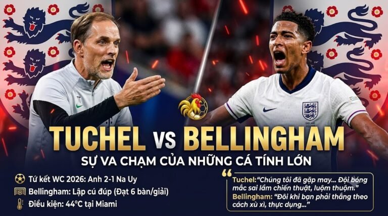 HLV Thomas Tuchel và Jude Bellingham có những góc nhìn trái chiều sau chiến thắng của tuyển Anh trước Na Uy tại tứ kết World Cup 2026 - Đồ họa phân tích bởi Gavang TV.